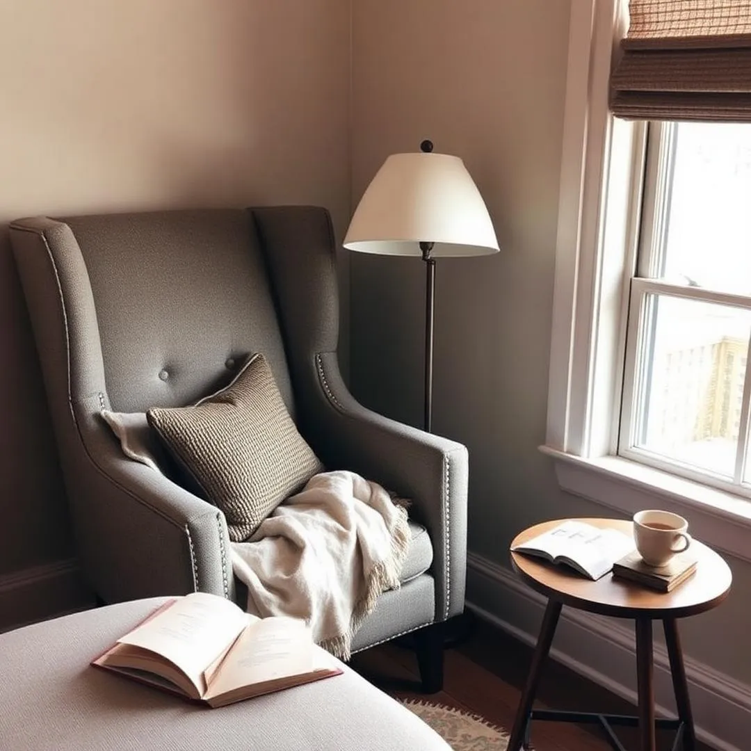 Reading corner with a wingback chair, throw blanket, floor lamp and open book