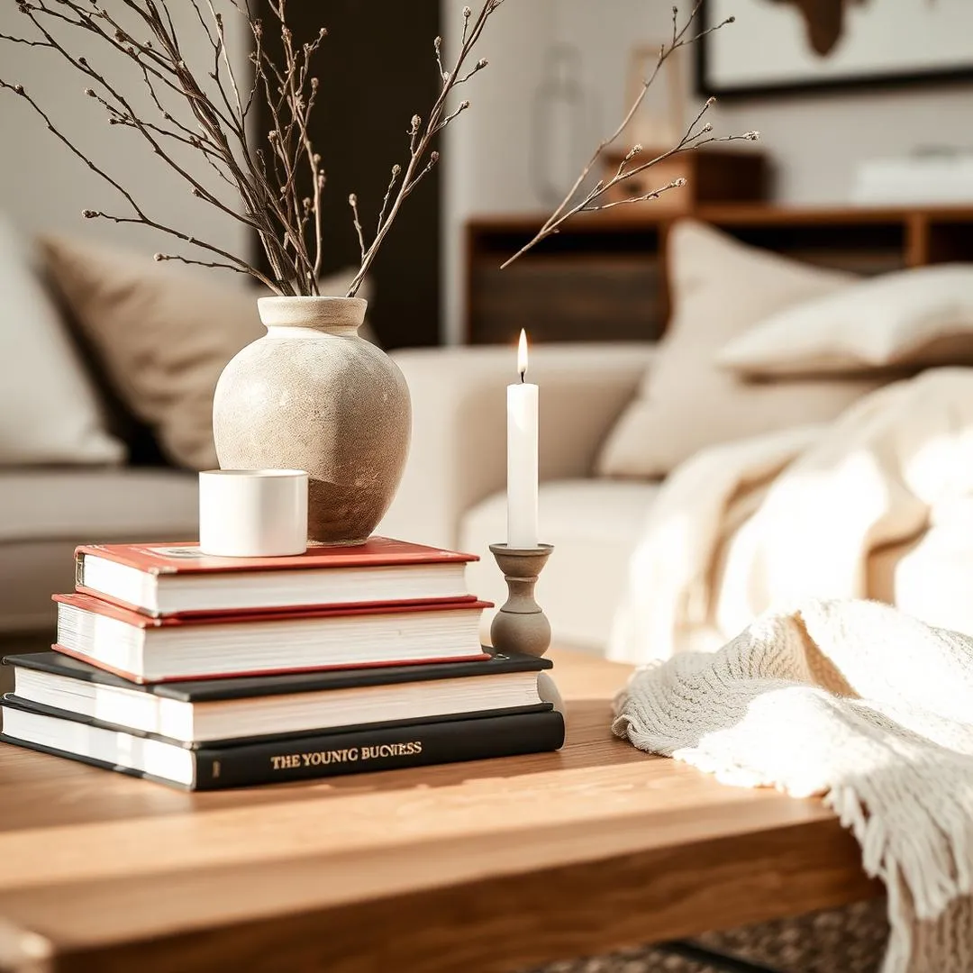 Coffee table styled with stacked books, a candle and a branch-filled stone vase