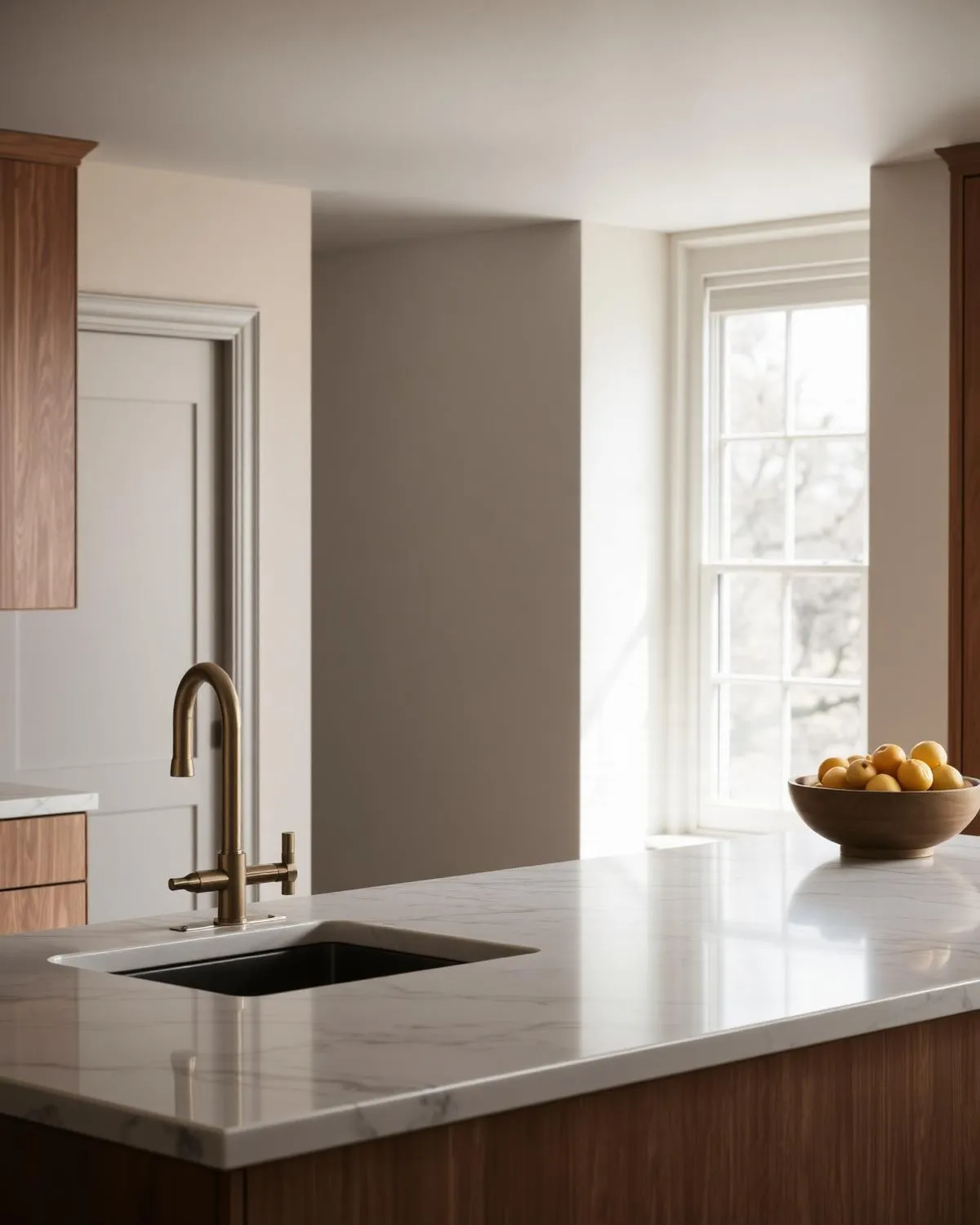 Kitchen island with a marble counter, brass faucet and a bowl of lemons