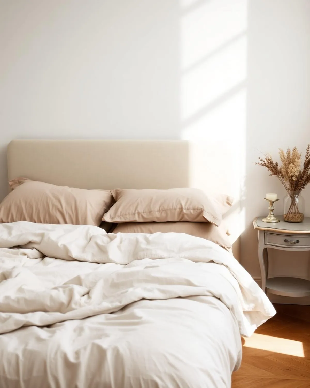 Bed made up with cream linens and soft morning light across the duvet