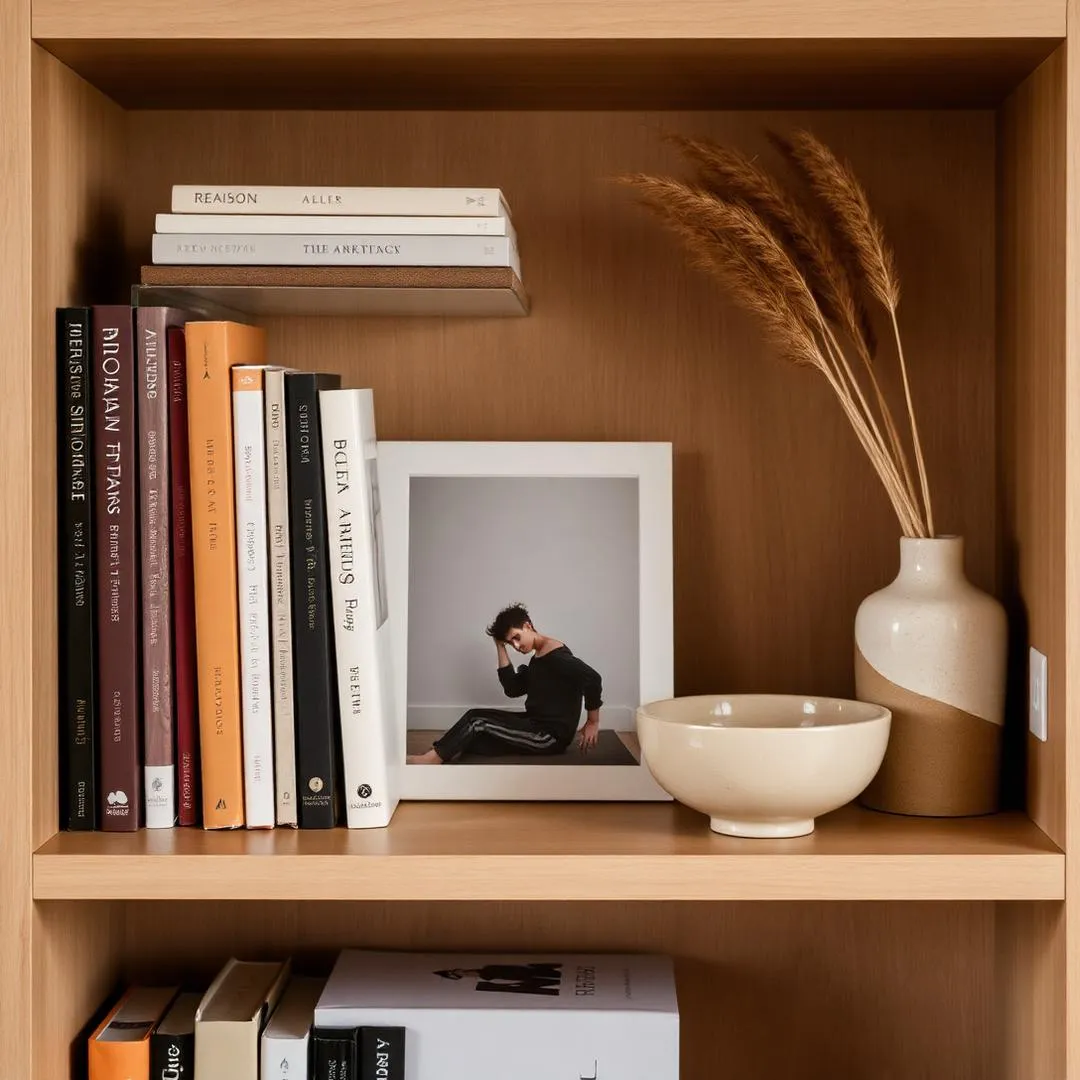 Oak bookshelf styled with books, a framed photograph, a bowl and dried grasses