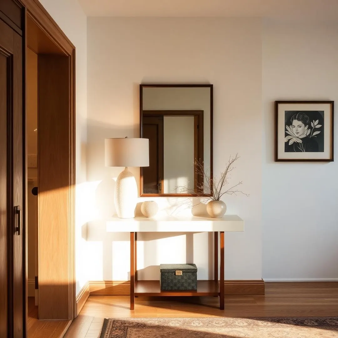 Entry console with a table lamp, mirror and framed art on wood floors